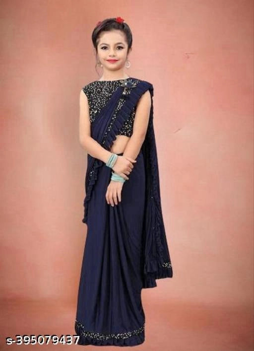 Lycra Solid Saree for Girls (Navy Blue, 3-14 Years)